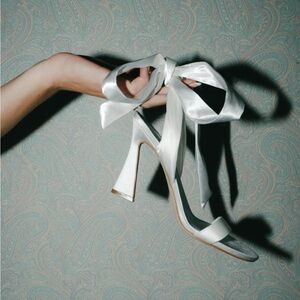 Nine West Kelsie Ankle Wrap White Satin Wedding Heels